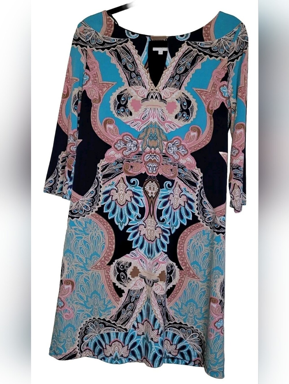 Beauport Paisley Print 3/4 Sleeve Tunic Dress Blue Pink Mult Sz 8 Stretch Knit